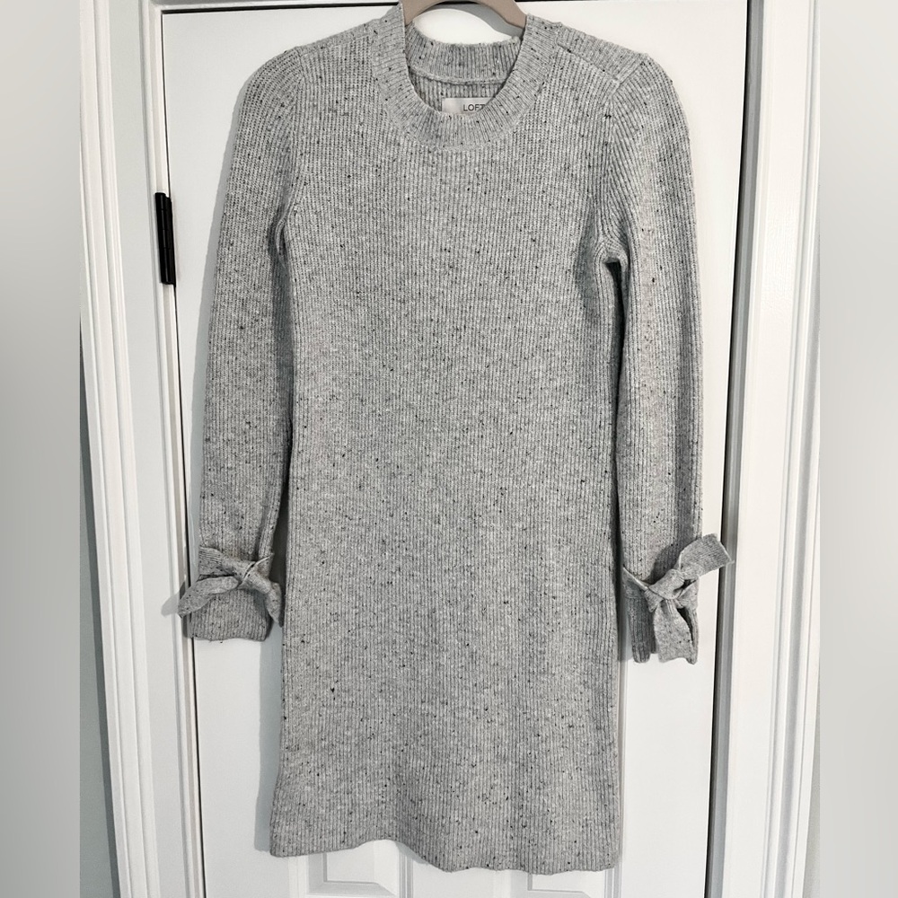 LOFT Gray Sweater Dress with Bow Sleeve Accents